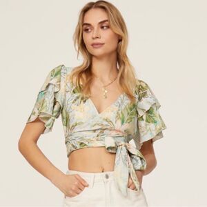Show Me Your MuMu Floral Wrap Blouse - Green and Cream